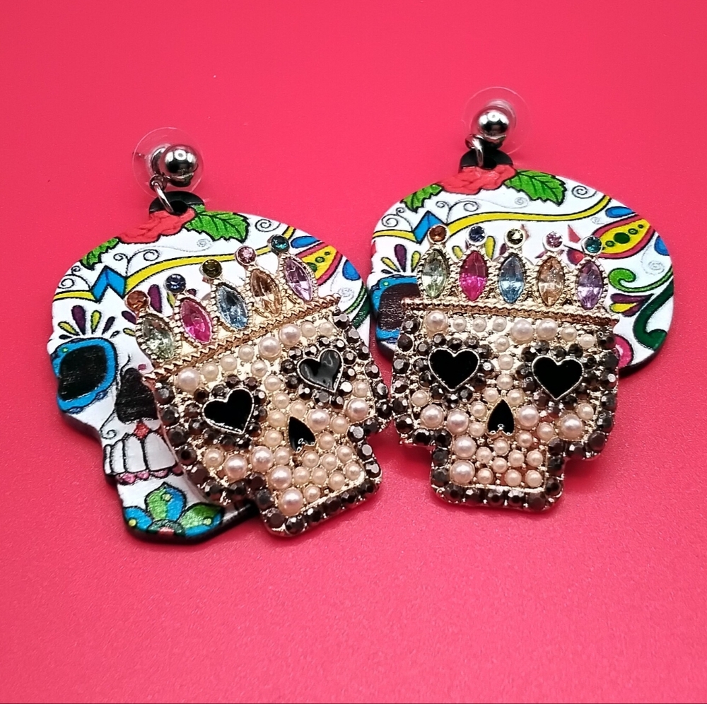 Colorful Rhinestone Kings Crown Pearl Skull Earrings W/ Colorful Added Pair